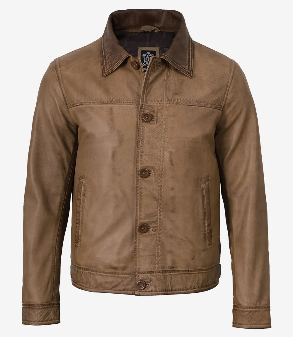 Men's Washed Camel Waxed Harrington Leather Jacket