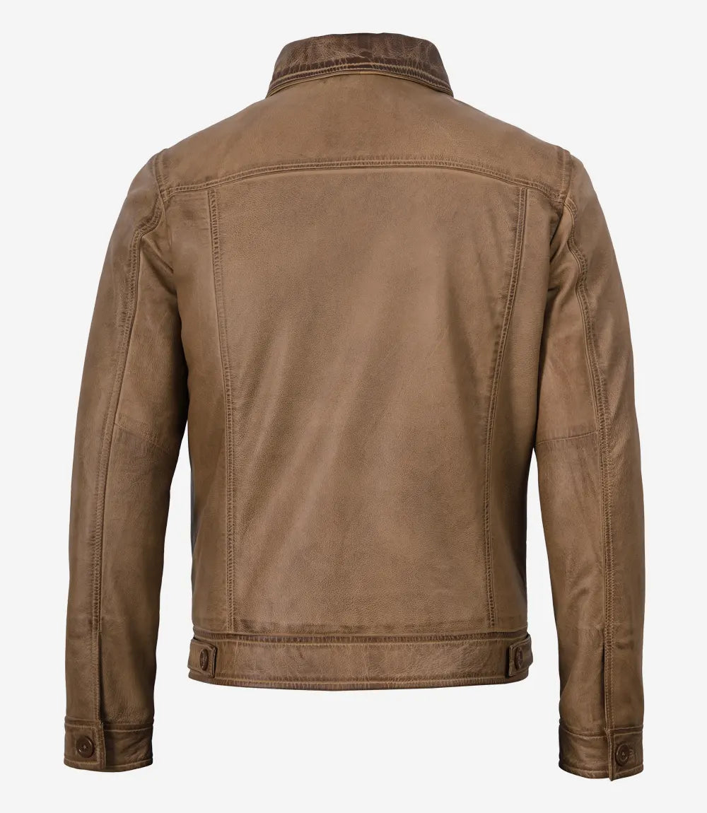 Men's Washed Camel Waxed Harrington Leather Jacket