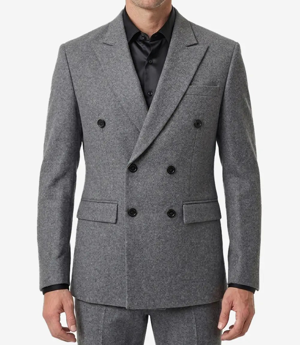 Men's Double-Breasted Charcoal Grey Wool Blend 2 Piece Suit