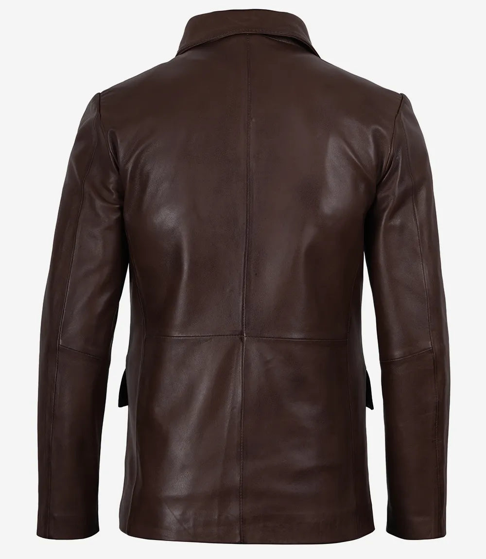 Men's Dark Brown Two-Button Waxed Leather Blazer