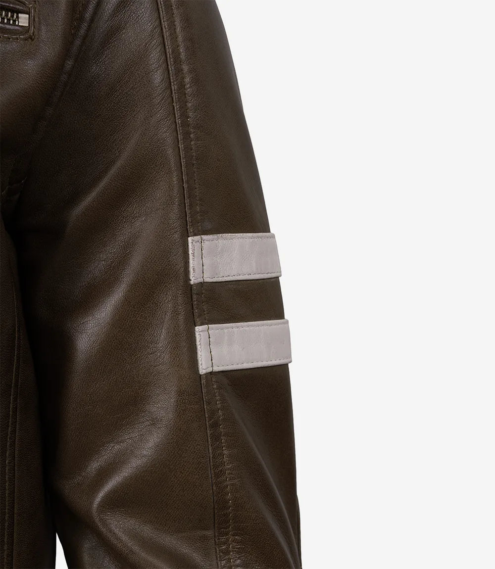 Men's Coffee Waxed Leather Biker Jacket With White Arm Stripes