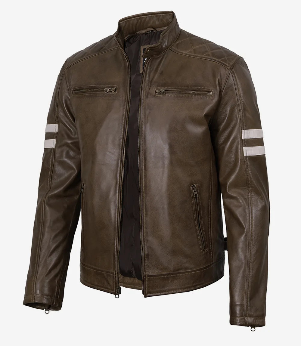 Men's Coffee Waxed Leather Biker Jacket With White Arm Stripes