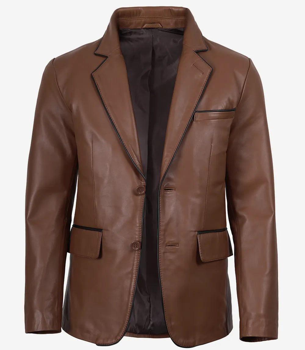 Men's 2 Button Cognac Leather Blazer - Black Piping Details