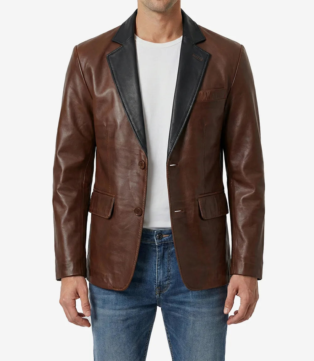 Men's Cognac Leather Blazer with Black Notch Lapel
