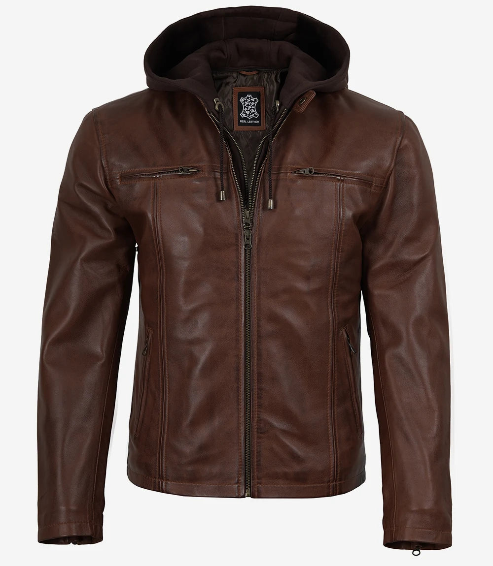 Mens Cognac Waxed Biker Style Leather Jacket with Hood