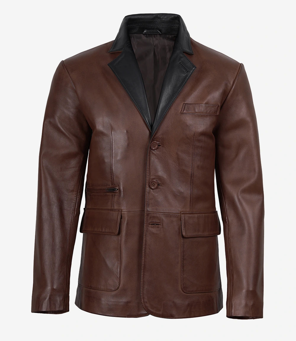 Men's 3 Button Cognac Waxed Leather Blazer with Black Lapels