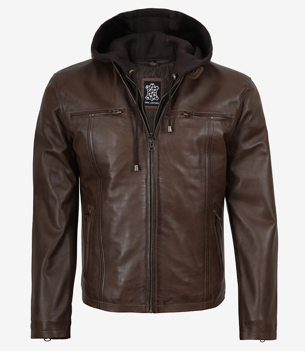 Mens Dark Brown Biker Style Leather Jacket with Hood