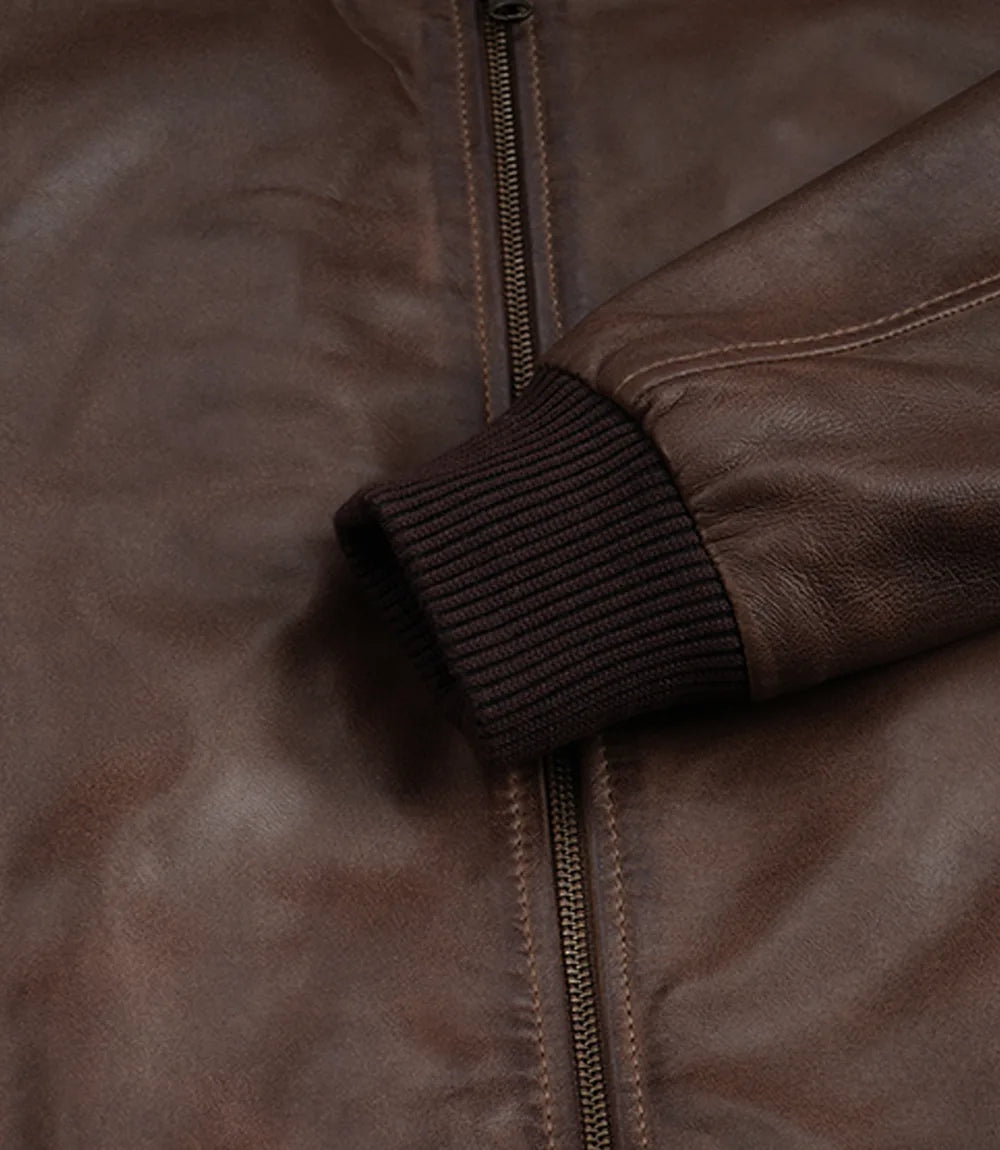 Mens Classic Dark Brown Leather Bomber Jacket