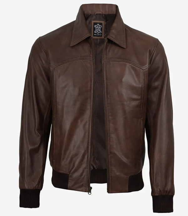 Mens Classic Dark Brown Leather Bomber Jacket