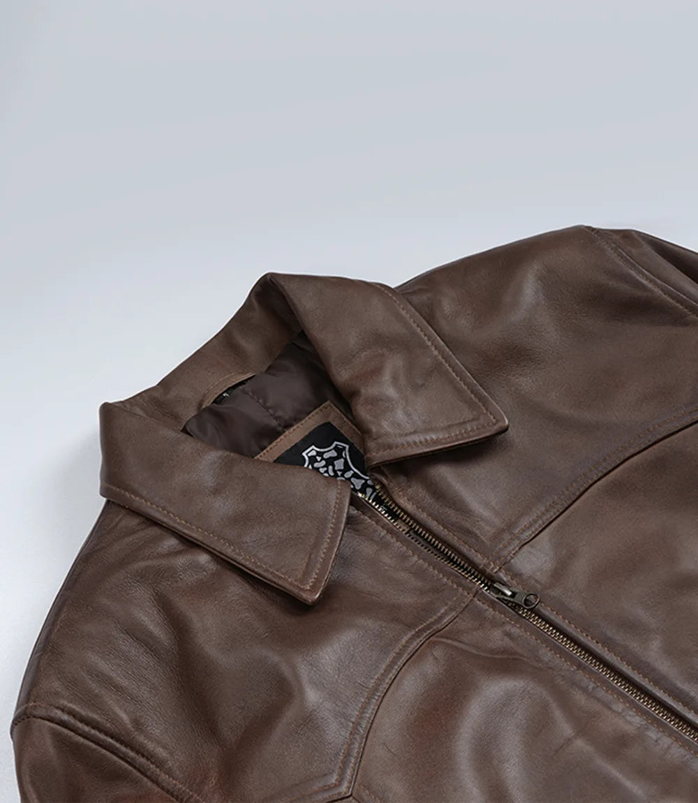 Mens Classic Dark Brown Leather Bomber Jacket