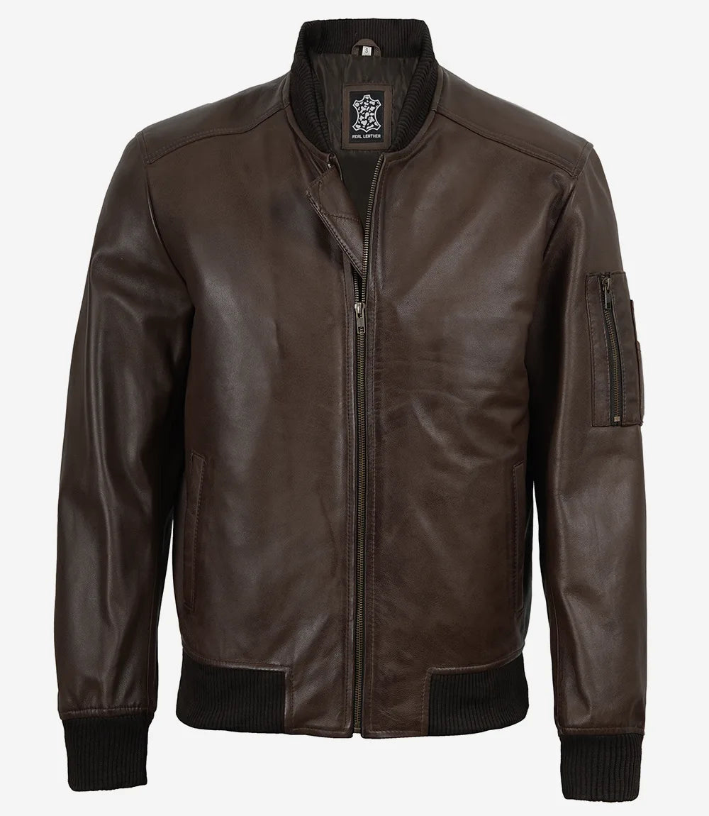 Men's Dark Brown Leather Bomber Jacket with Ribbed Collar