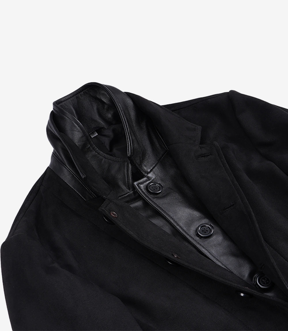 Men's Black Faux Suede Double-Layered Blazer with Leather Placket