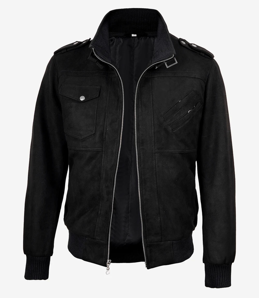 Men's Black Faux Suede Hooded Bomber Jacket