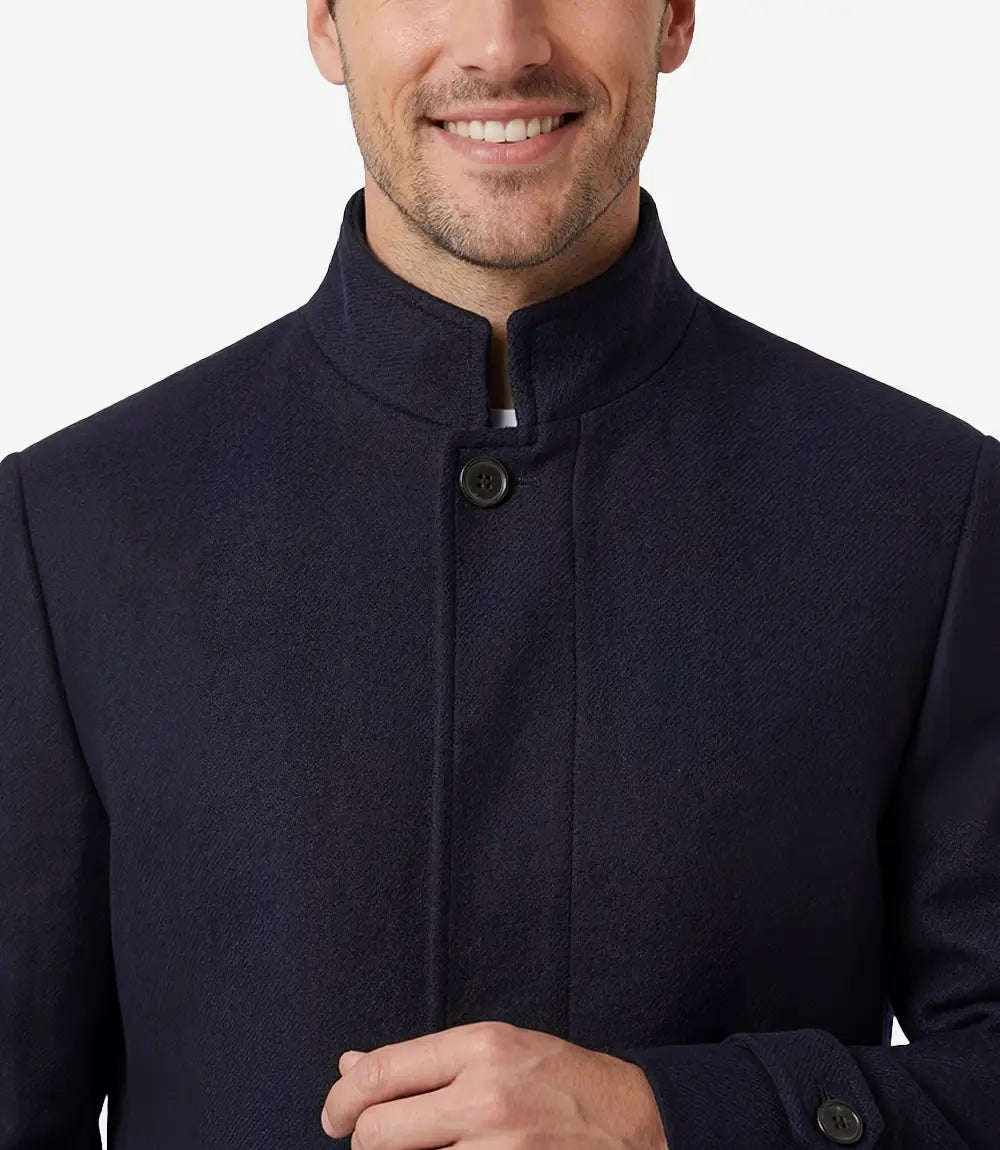 Men's Long Wool Blend Navy Blue Overcoat