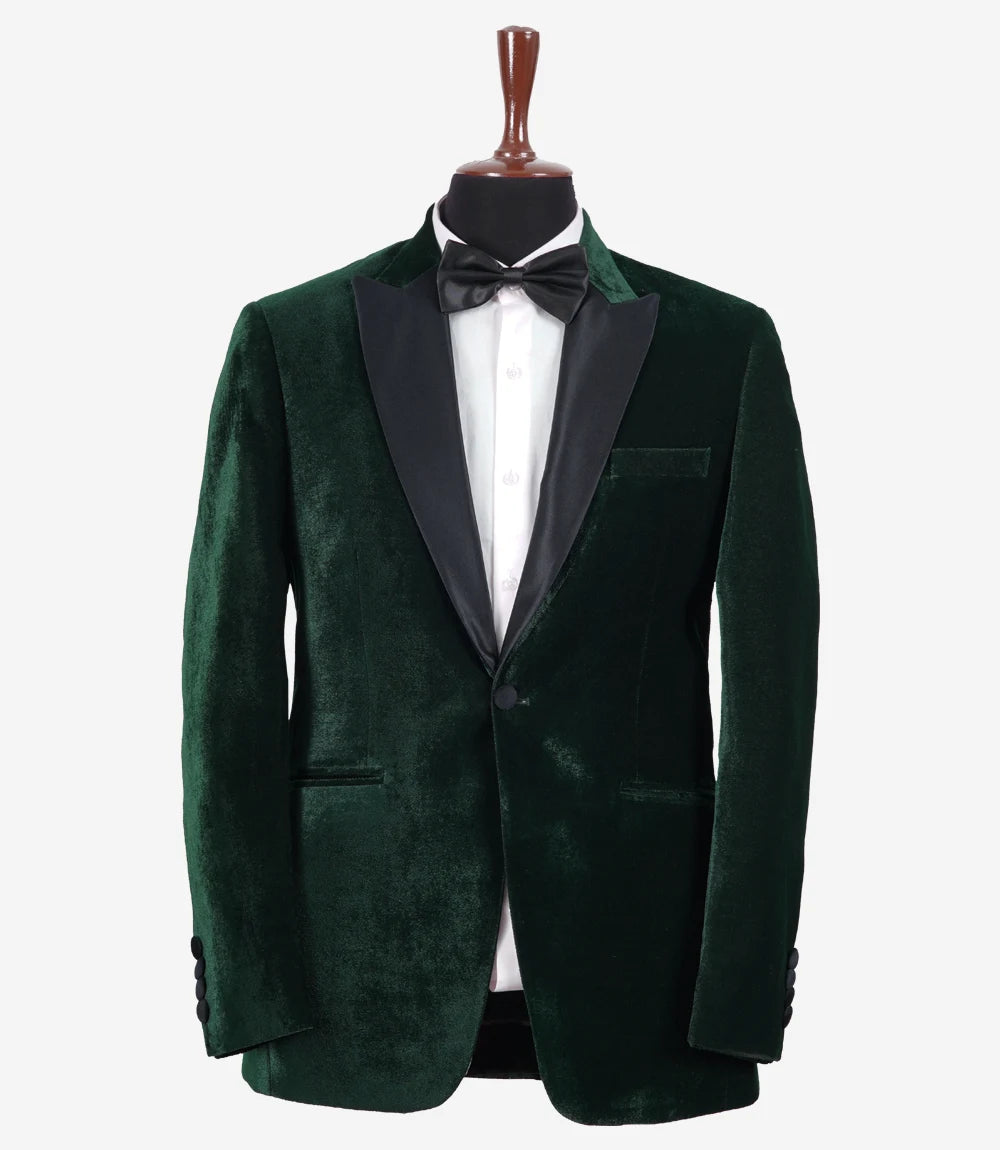 Lance Mens Green Velvet Single Button Tuxedo with Peak Lapel