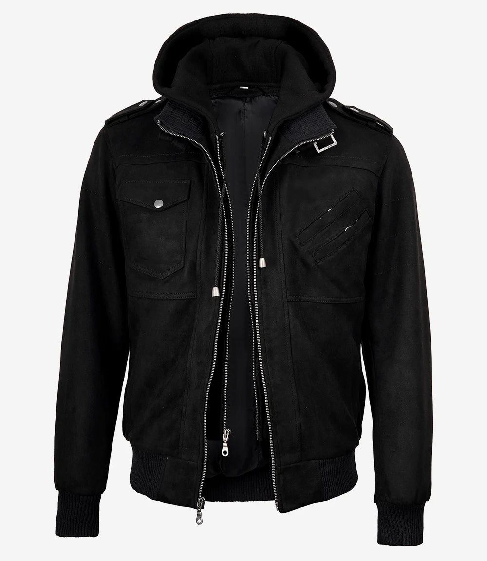 Men's Black Faux Suede Hooded Bomber Jacket