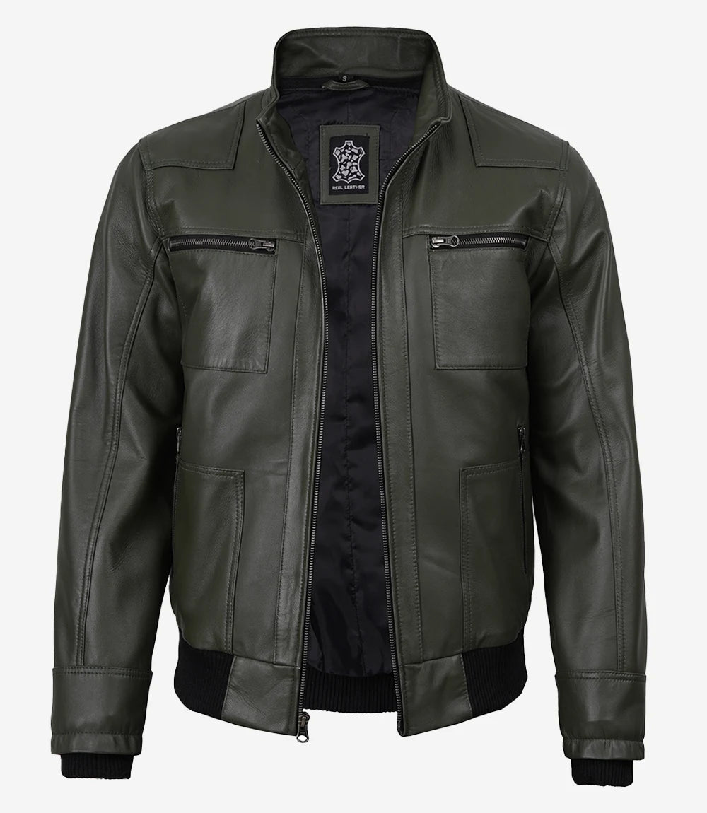Men's Olive Green Leather Jacket With Removable Hood