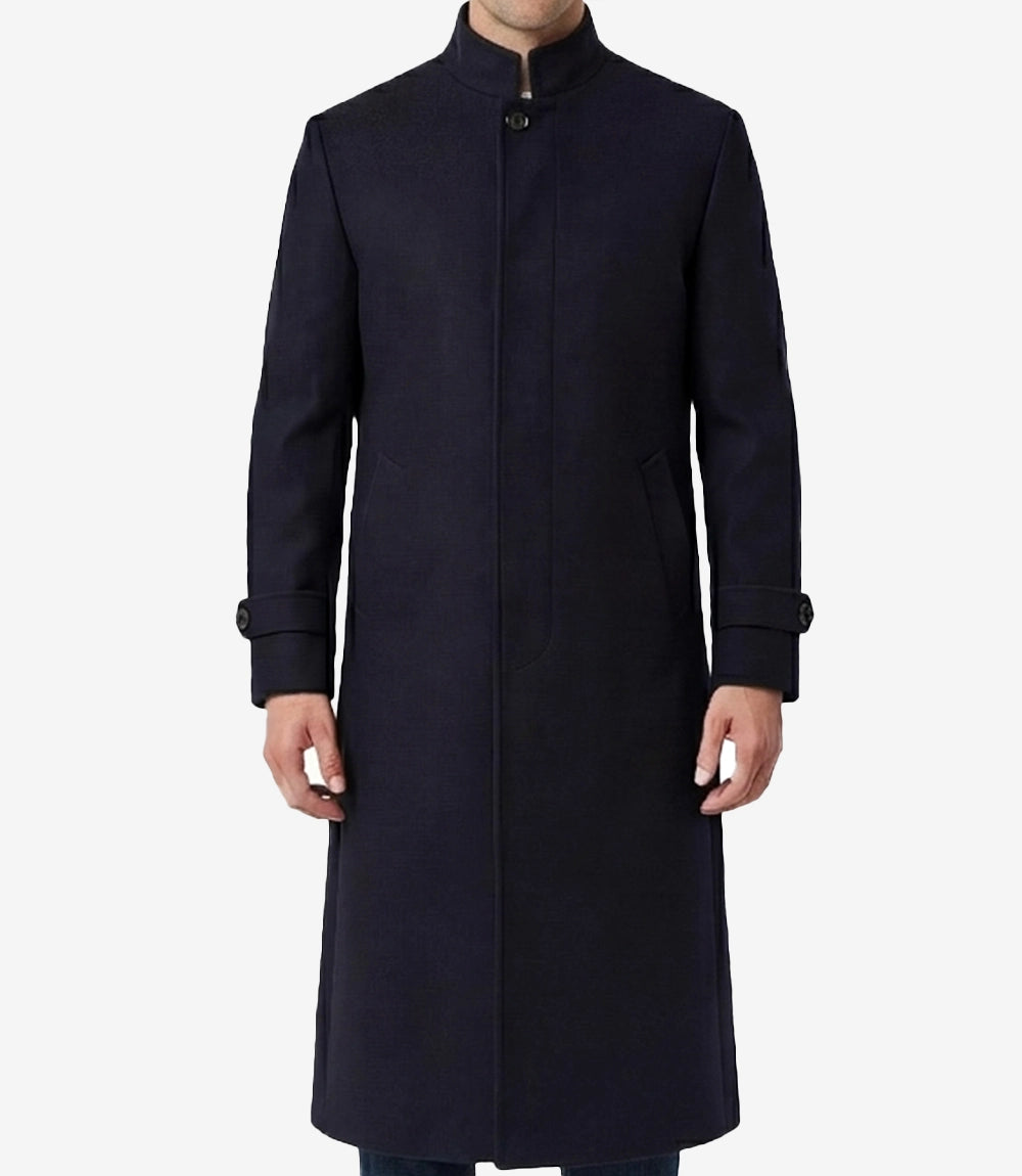 Men's Long Wool Blend Navy Blue Overcoat