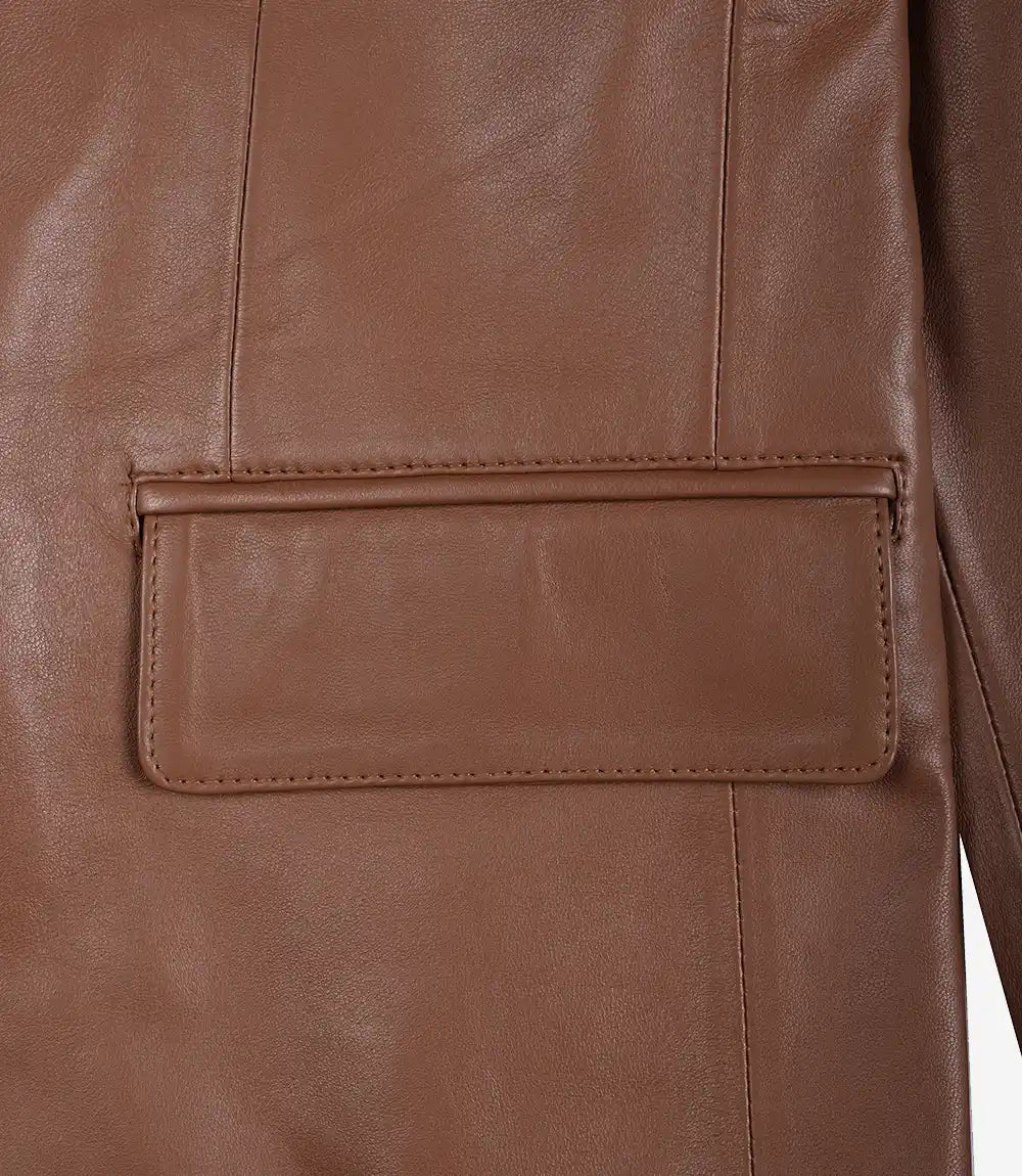 Mens Two Button Cognac Leather Blazer - Notch Lapel