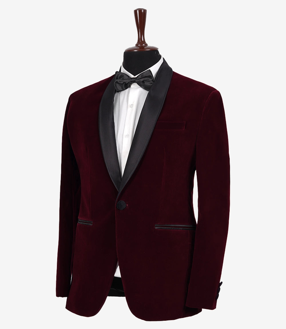 Mens Black Shawl Lapel Maroon Velvet Tuxedo - Mens Maroon Wedding Tux