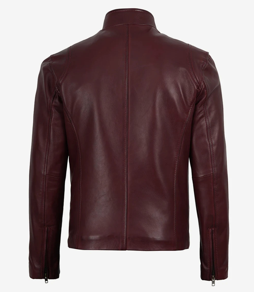 Men's Maroon Waxed Leather Biker Style Jacket