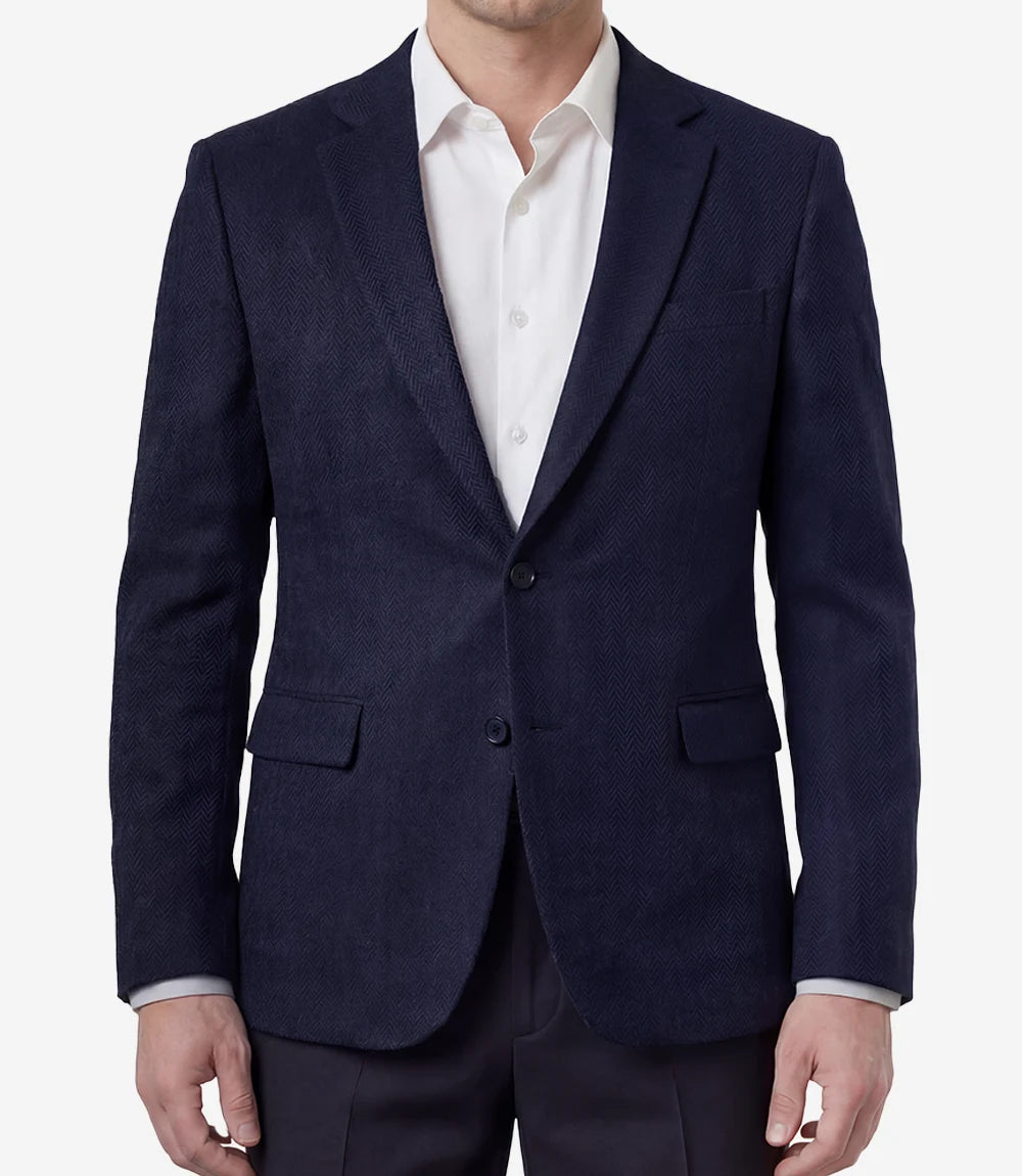 Mens Navy Blue Herringbone Wool Blend Blazer Jacket