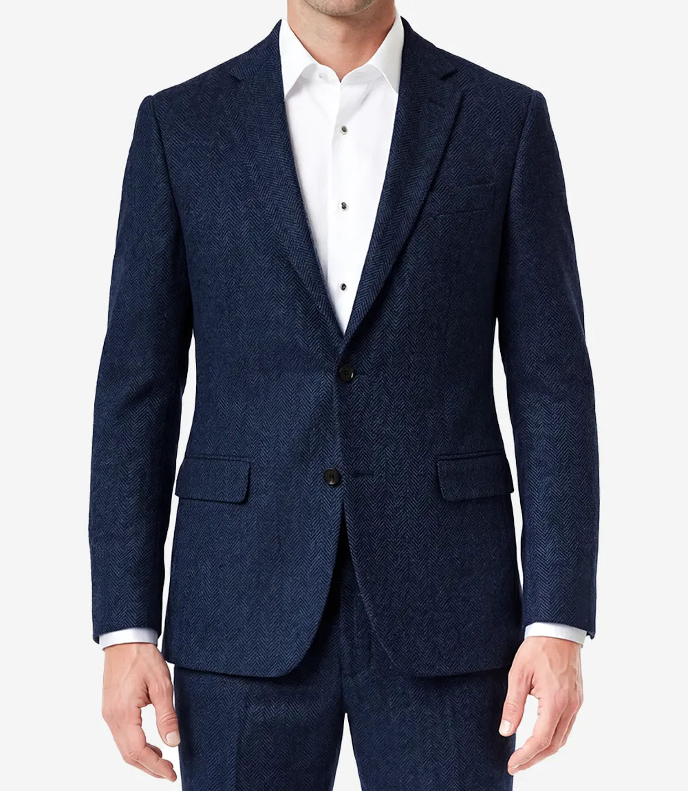 Mens Navy Blue Herringbone Wool Blend 2 Piece Suit