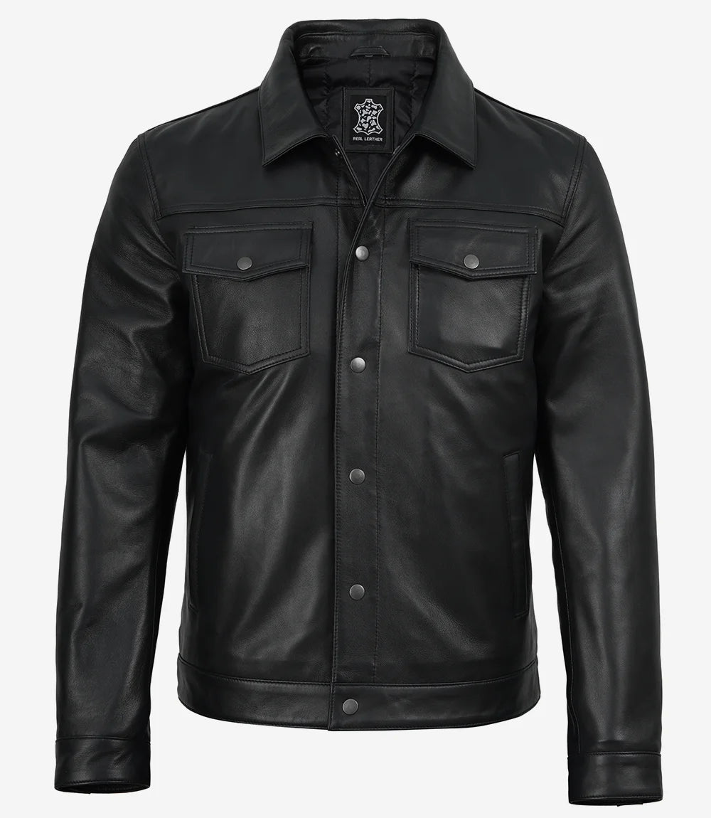 Men’s Premium Black Leather Shirt Jacket | Snap-Button Front