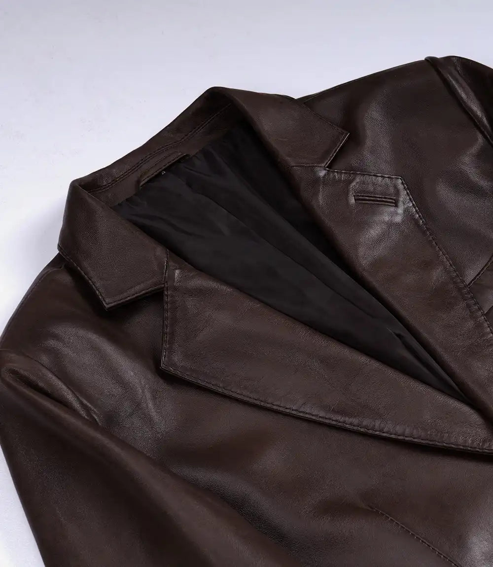 Men's Dark Brown Two-Button Waxed Leather Blazer