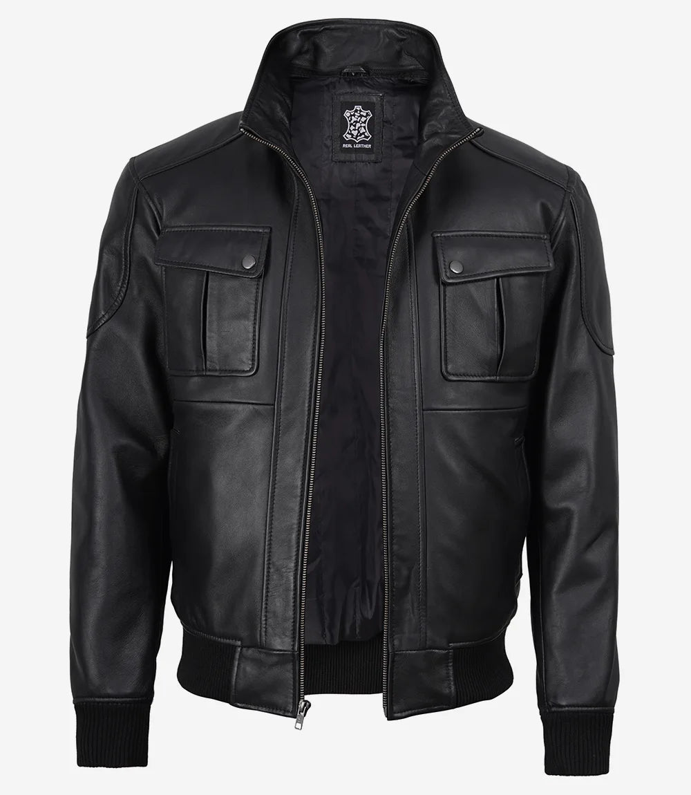 Men's Black Real Leather Bomber Jacket – Detachable Hood