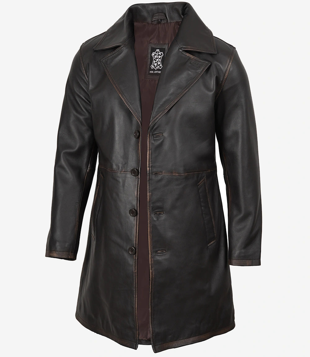 Mens Real Leather Distressed Brown Car Coat