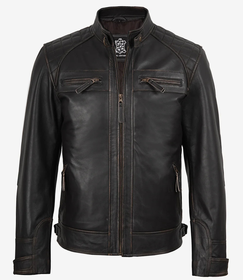 Men's Distressed Brown Biker Style Leather Jacket - Quilted Shoulder