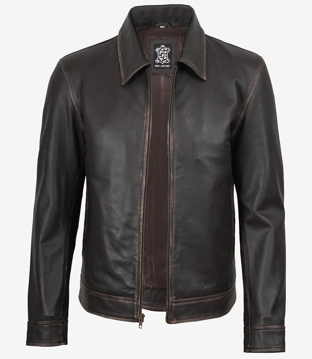 Mike Men's Dark Brown Rub Off Leather Jacket