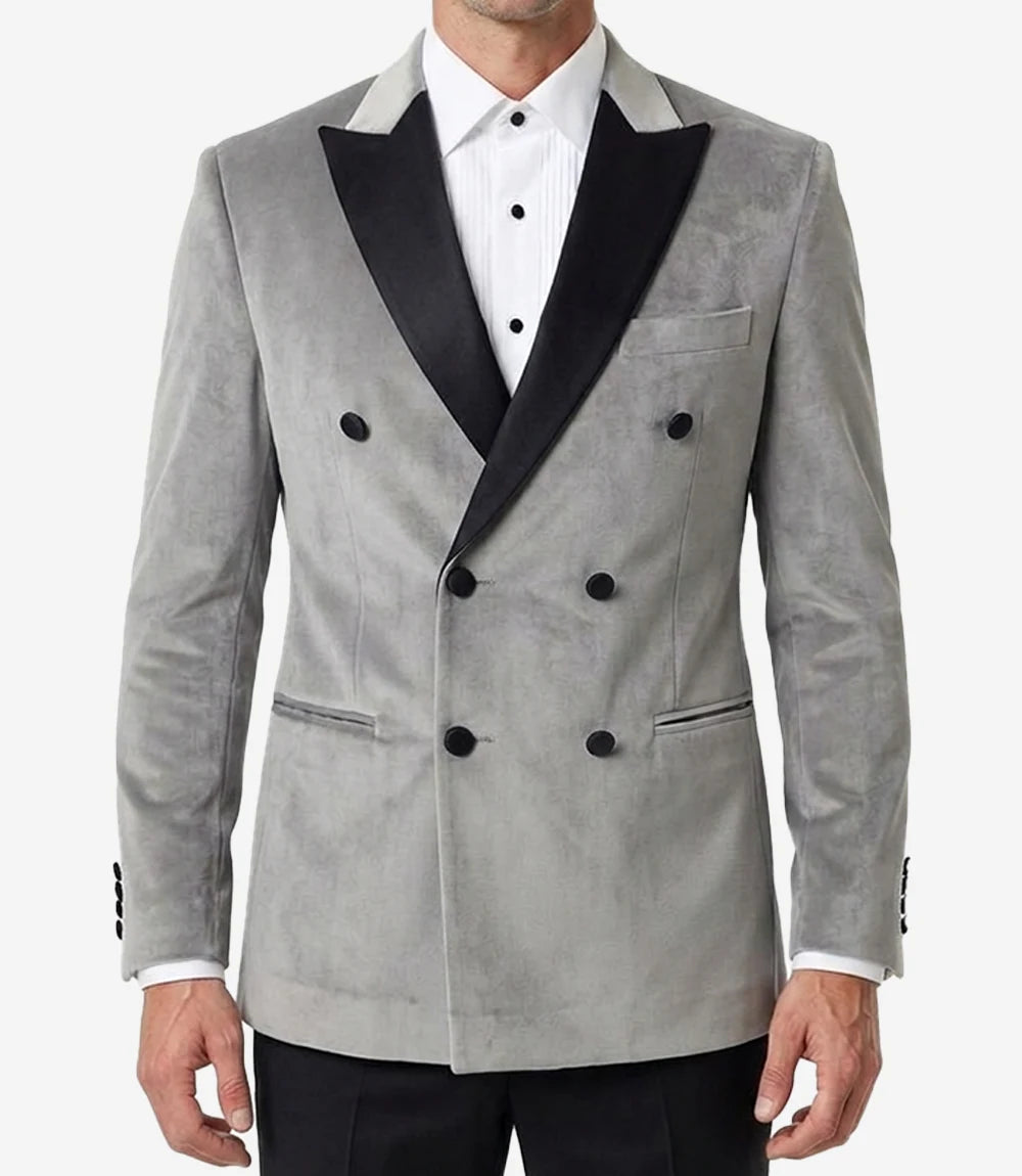 Men's Slate Grey Velvet Double Breasted Peak Lapel Tuxedo