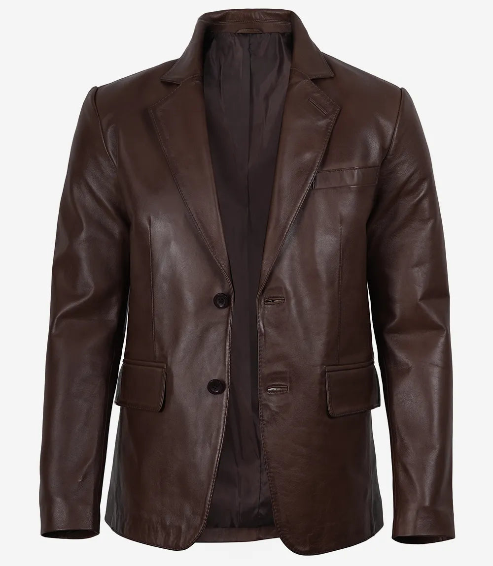 Men's Dark Brown Two-Button Waxed Leather Blazer