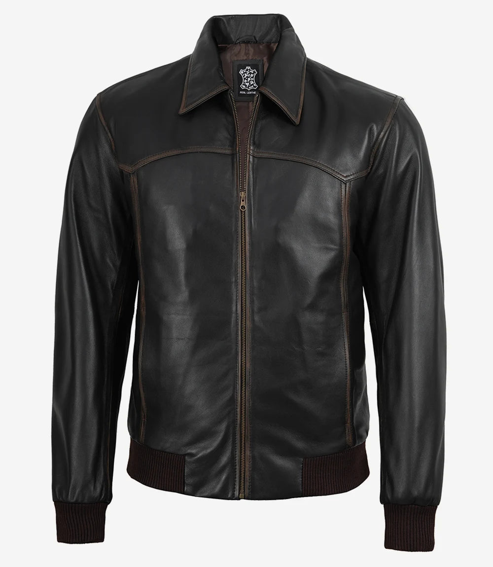 Men's Distressed Brown Leather Bomber Jacket with Shirt Collar