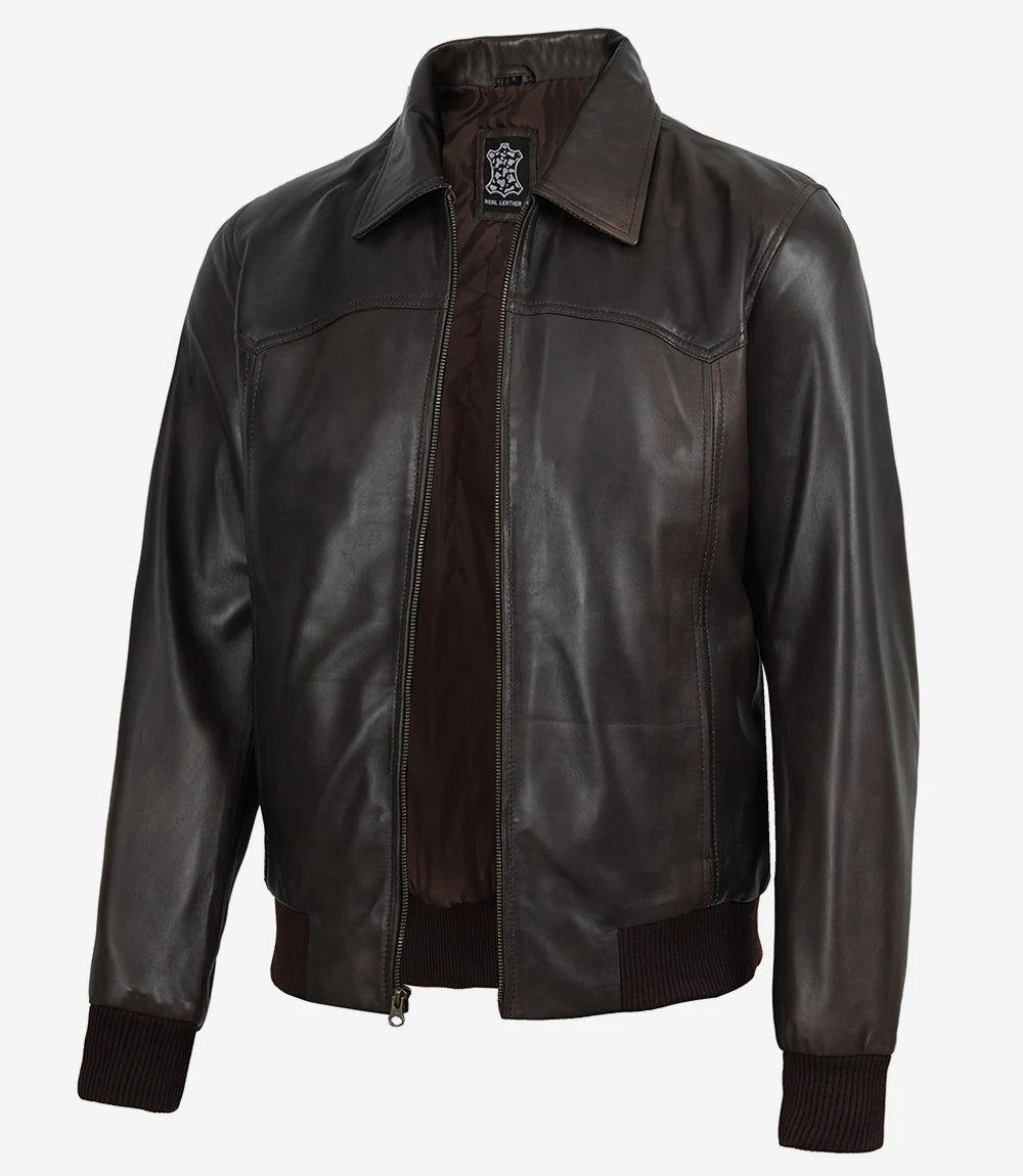 Men's Vintage Brown Leather Bomber Jacket with Shirt Collar