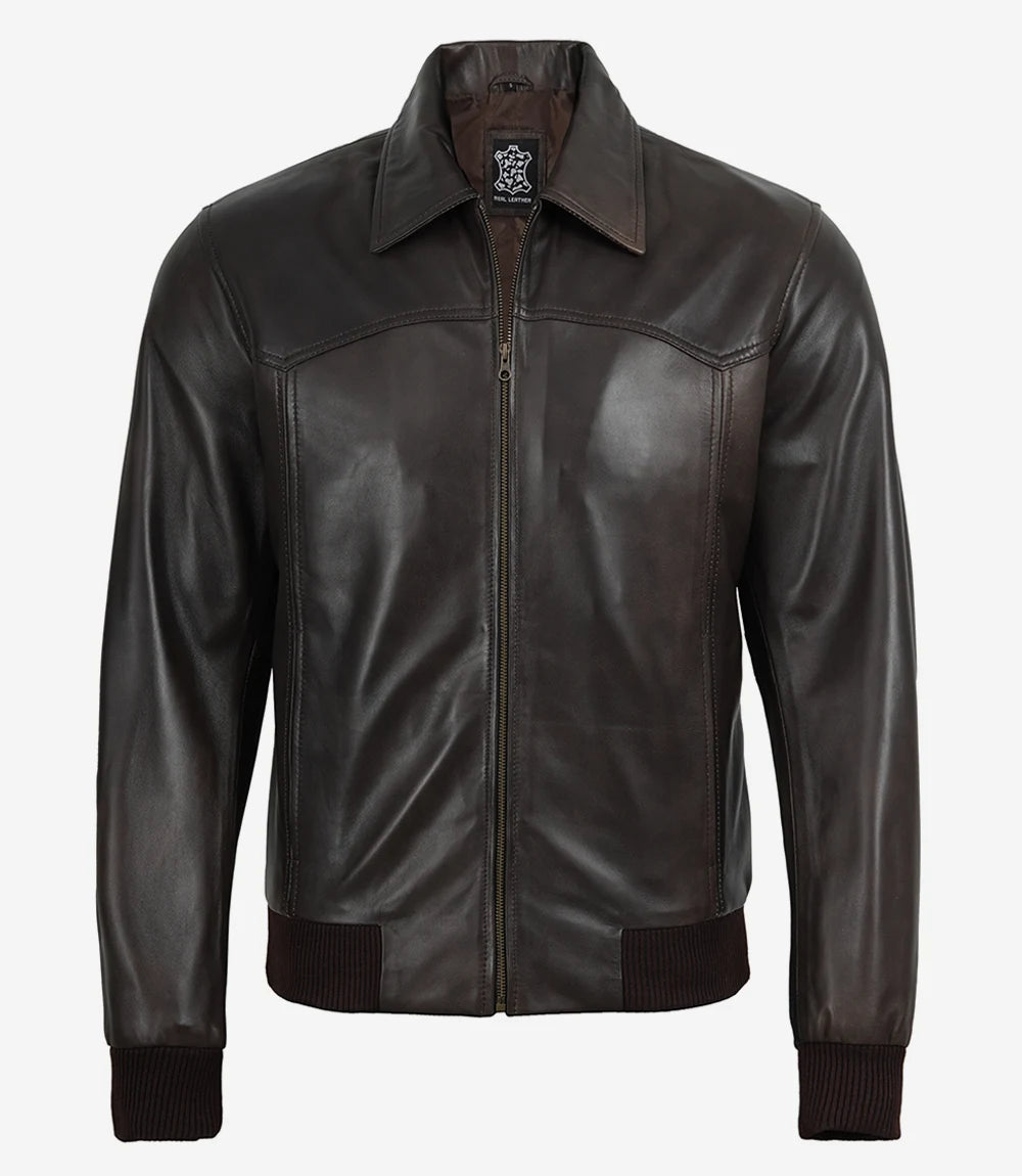 Men's Vintage Brown Leather Bomber Jacket with Shirt Collar