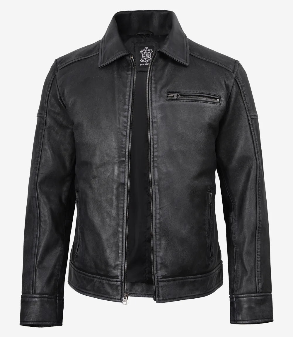 Men's Black Washed Leather Harrington Jacket