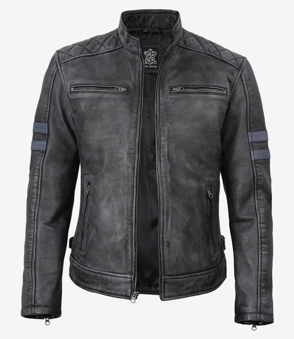 Men's Black Washed Leather Biker Style Jacket With Blue Arm Stripes
