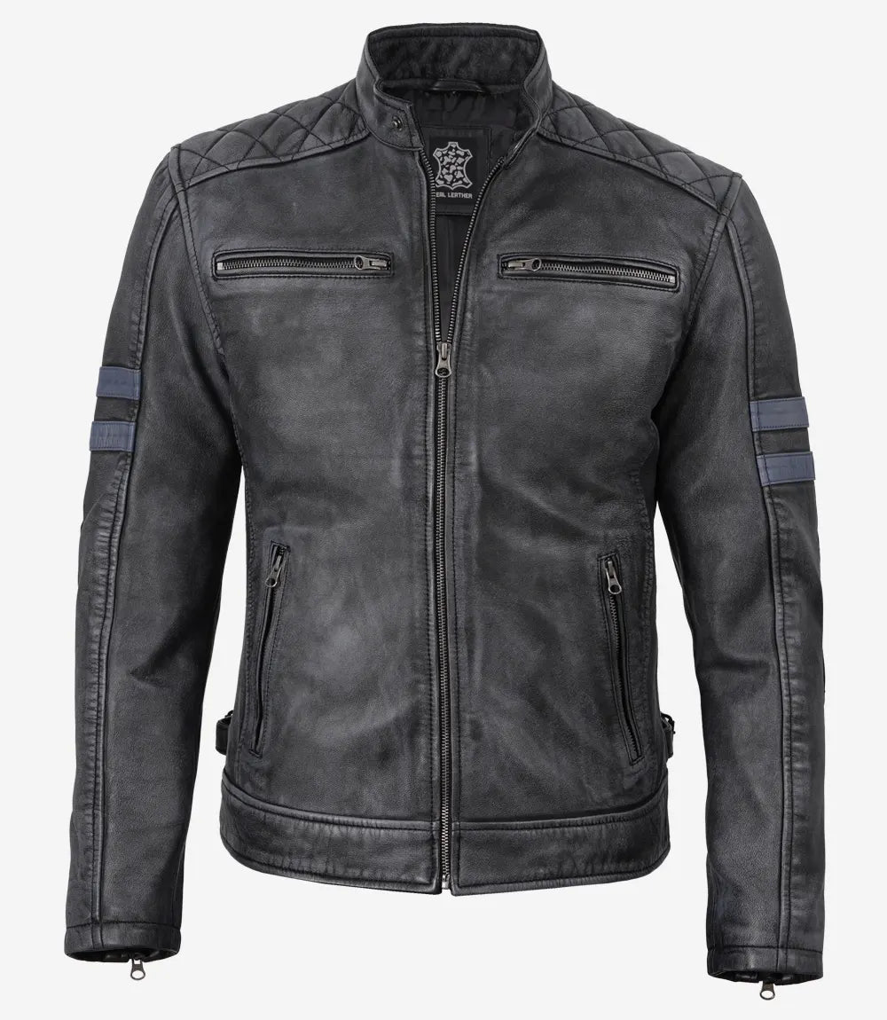 Men's Black Washed Leather Biker Style Jacket With Blue Arm Stripes