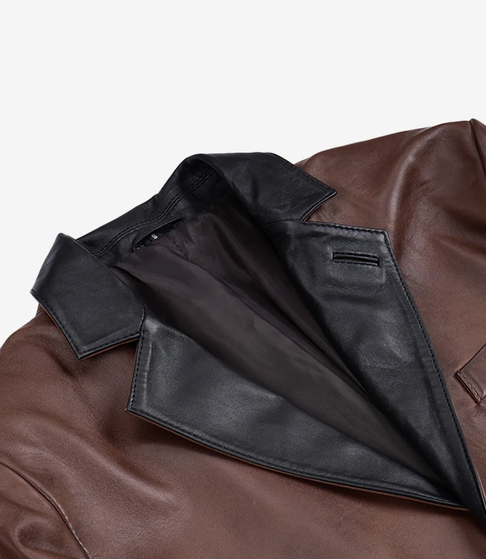 Men's 3 Button Cognac Waxed Leather Blazer with Black Lapels