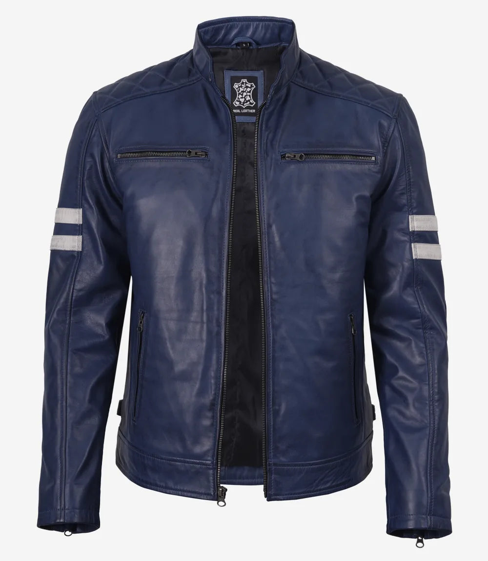 Men's Blue Waxed Leather Biker Style Jacket With White Stripes