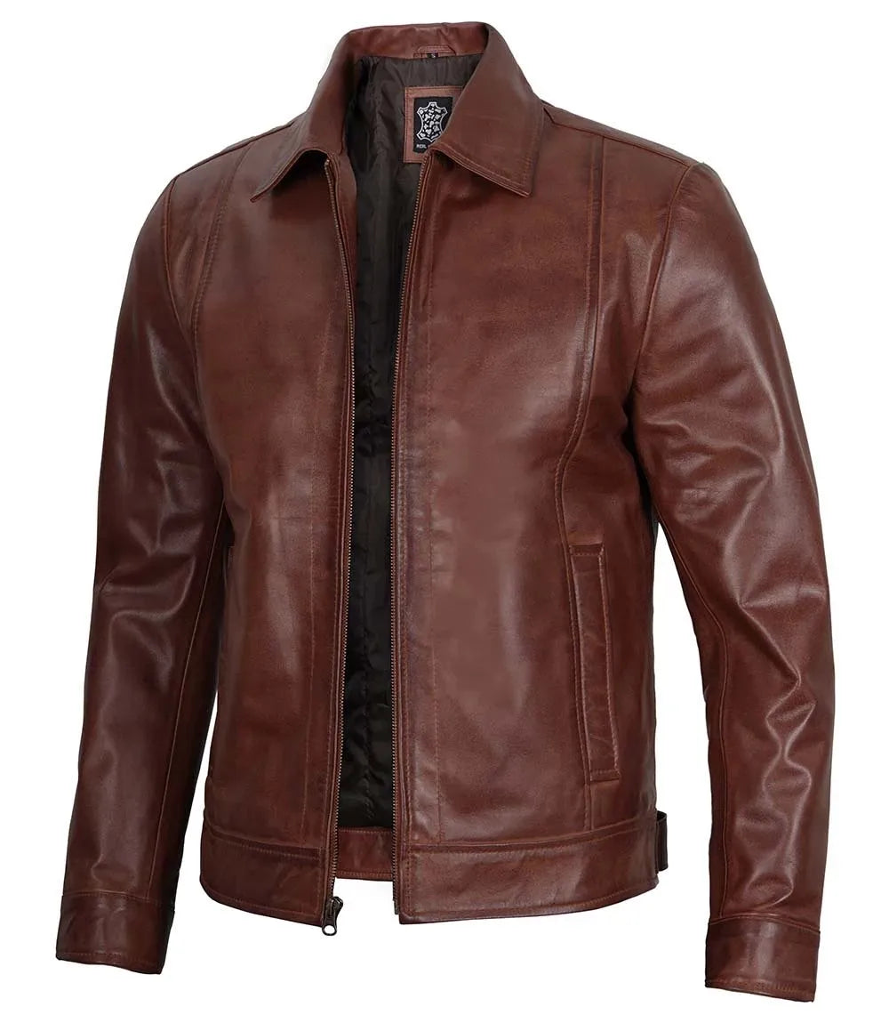 Mens Tall Brown Shirt Collar Harrington Leather Jacket
