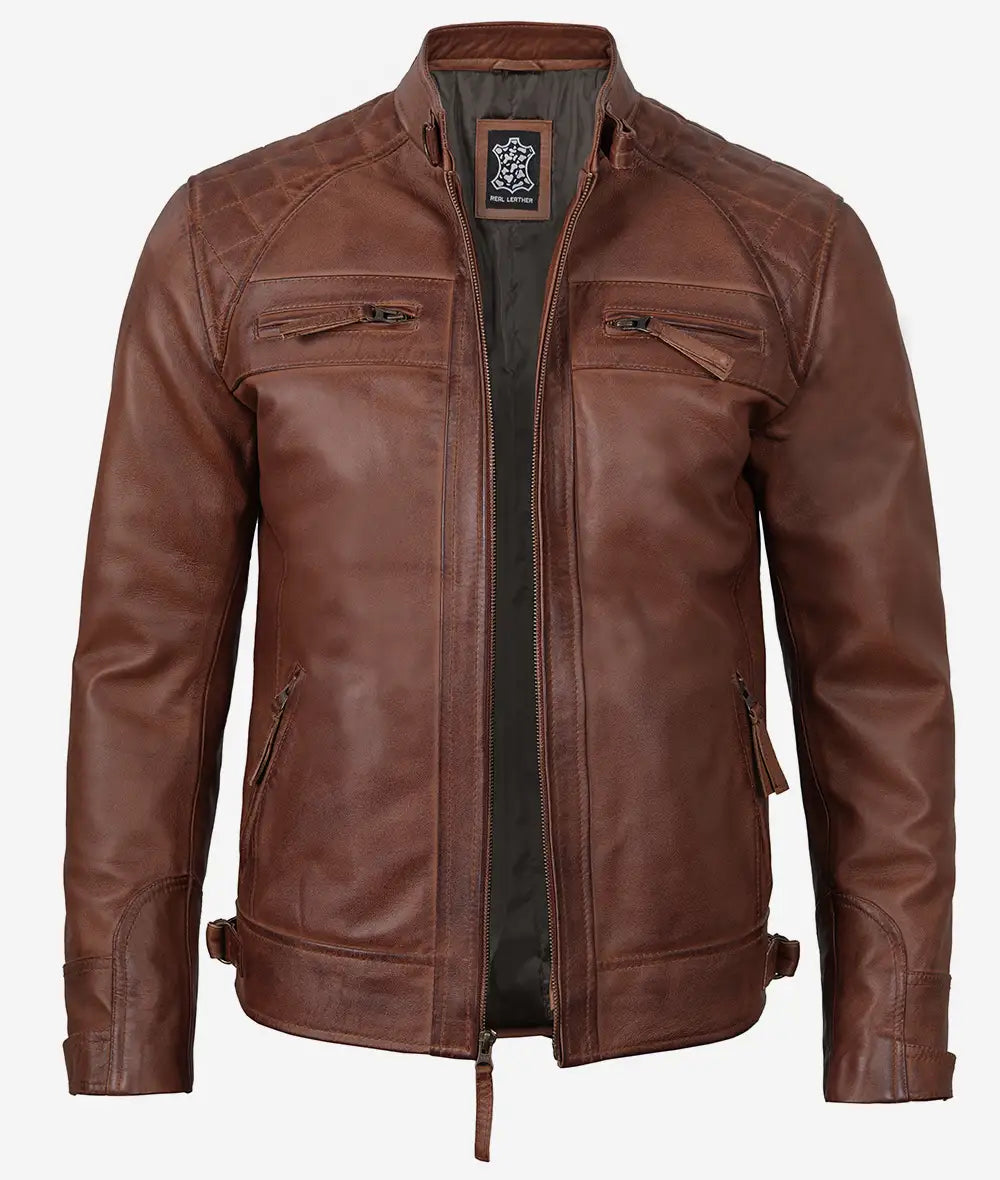 Men's Cognac Brown Quilted Biker Style Leather Jacket