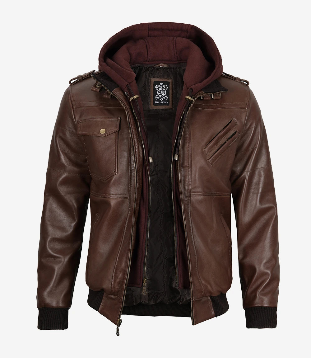 Mens Real Leather Dark Brown Bomber Jacket With Removable Hood