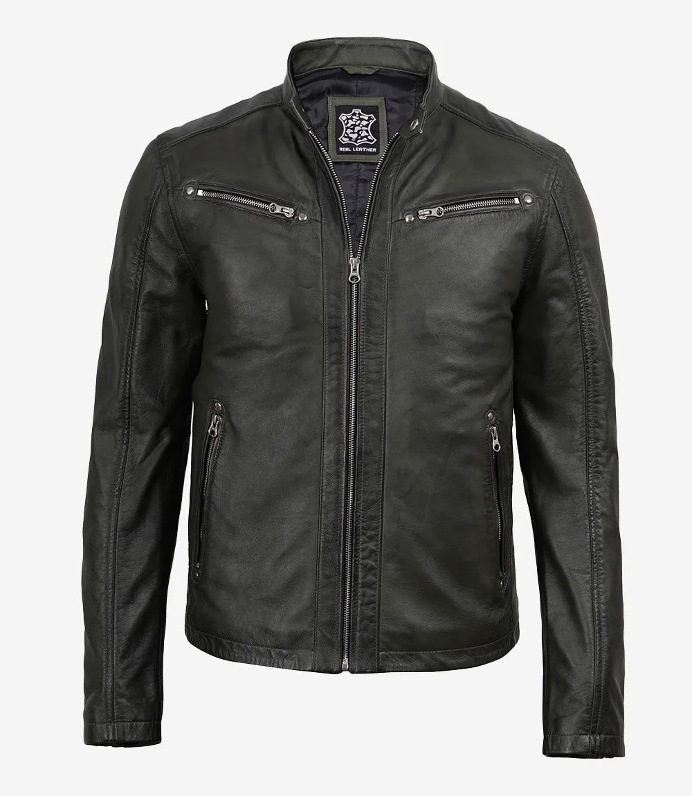 Men's Olive Green Cafe Racer Leather Jacket - Olive Green - view 3