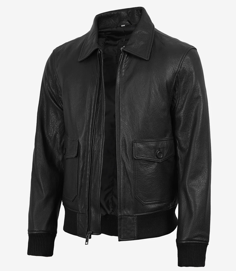 Men's Classic Washed Black Leather Bomber Jacket - Black