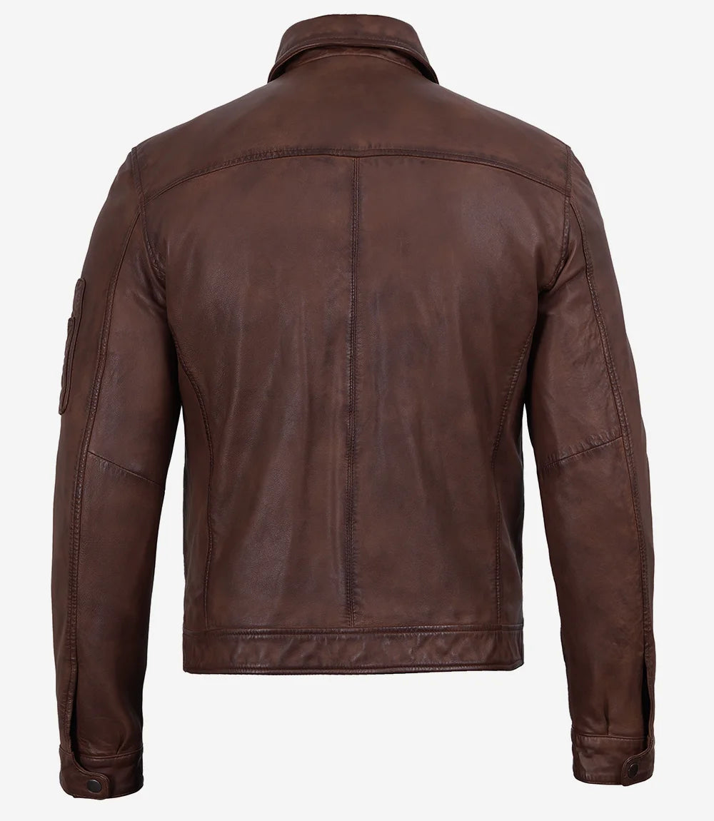 Men's Washed Cognac Waxed Leather Harrington Jacket - Washed Cognac - view 4