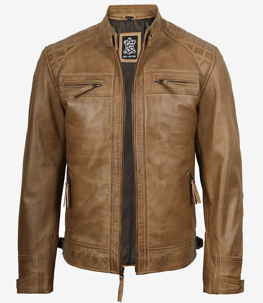 Men's Quilted Shoulder Camel Brown Biker Style Leather Jacket